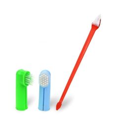 Two Headed Dog Toothbrush Set Canine Dental Hygiene Brush with 2 Finger Brushes Soft Bristles