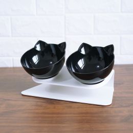 Non Slip Double Cat Bowl With Raised Stand Pet Food Cat Feeder Protect Cervical Vertebra Dog Bowl Transparent Pet Products (Option: Double black and box)